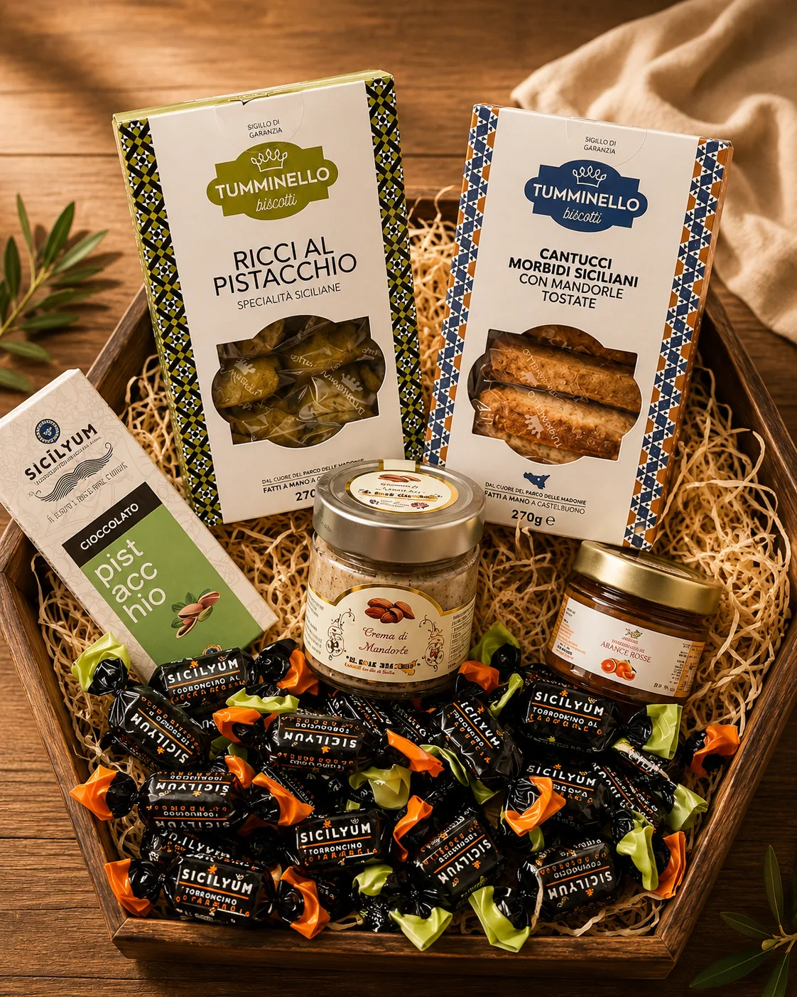 Genusskorb Dolce Sicilia mit sizilianischem Gebäck, Pistaziencreme und süßen Spezialitäten
